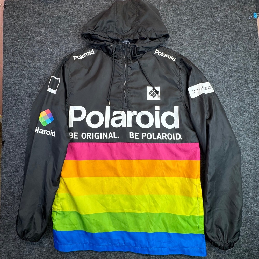 Polaroid Windbreaker Jacket Mens Medium Black Rainbow Stripe Half Zip‎ Hooded